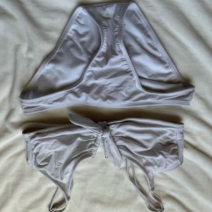 White target bikini L top, S bottoms, tie in front, rouched bottoms